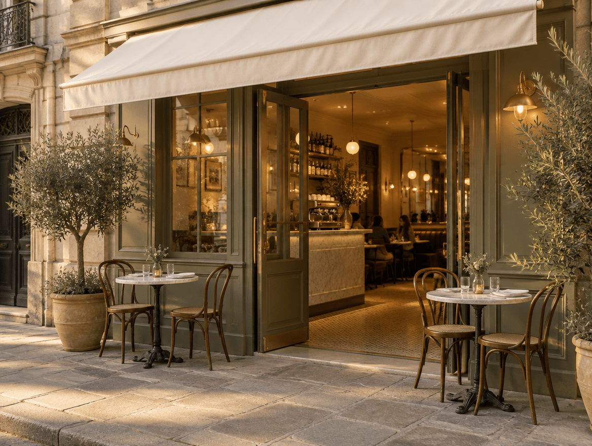 An inviting fictional neighbourhood restaurant with an olive-green façade, an open door and warm lighting.