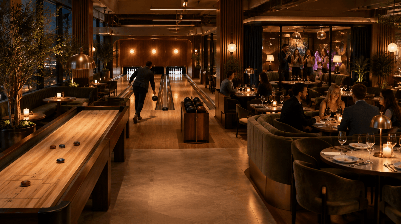 An imagined entertainment venue with a restaurant, bowling lanes, shuffleboard and a karaoke room in warm evening light.