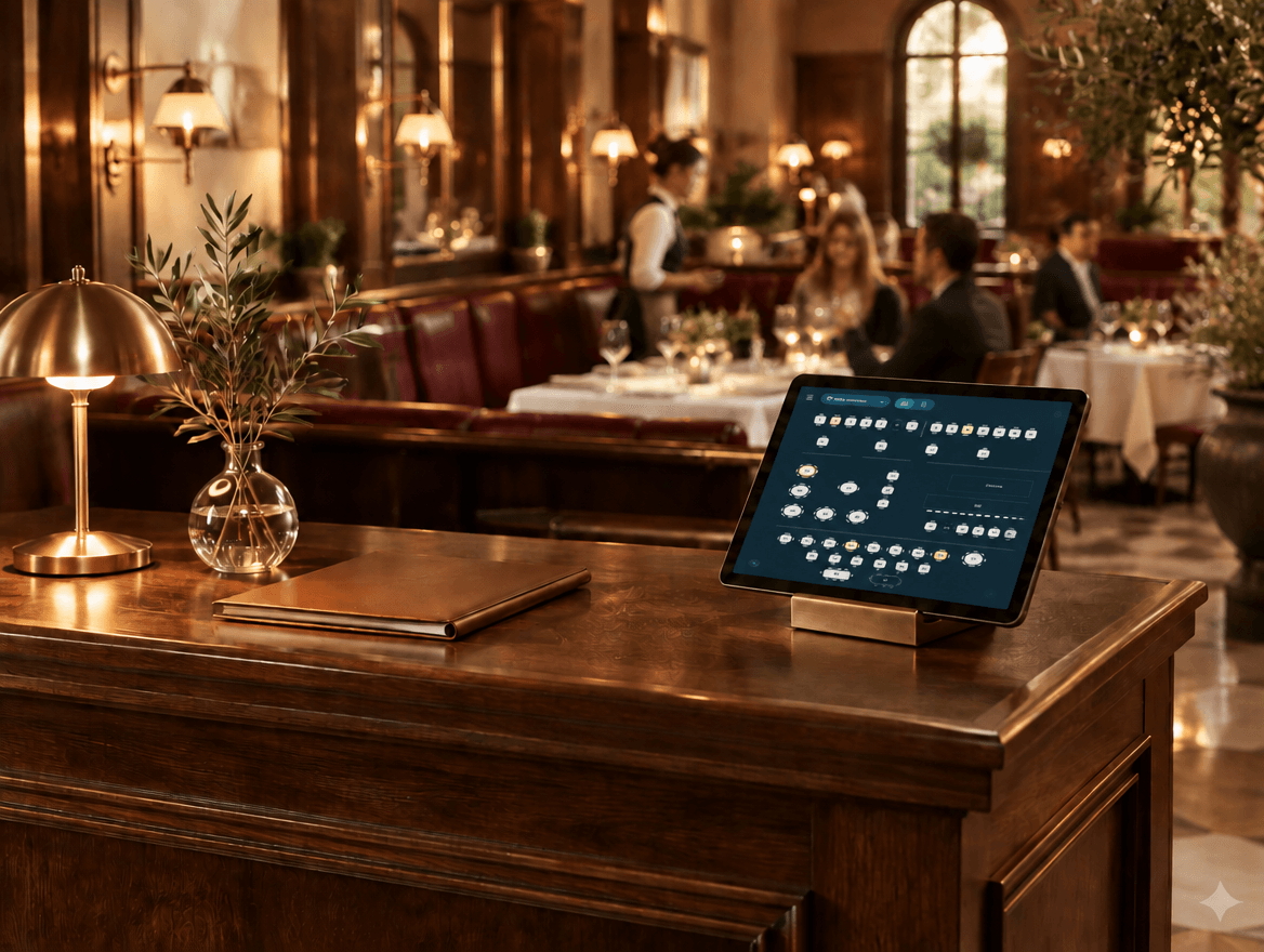 A tablet on an elegant host stand in front of a warm, lively restaurant.