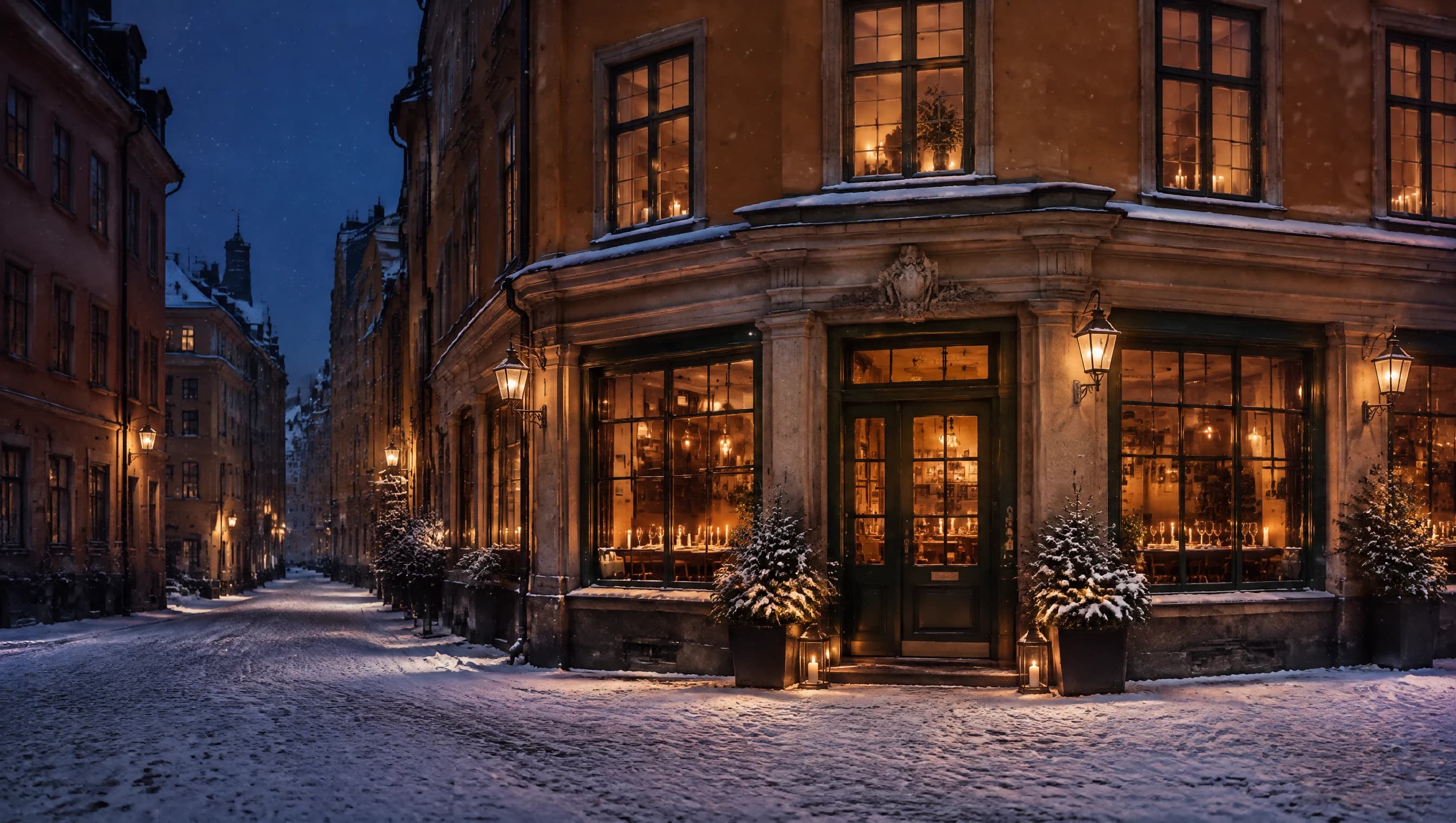 A beautiful Stockholm neighbourhood restaurant on a snowy street, with an ochre facade and warm light spilling from the windows and entrance on a winter evening.