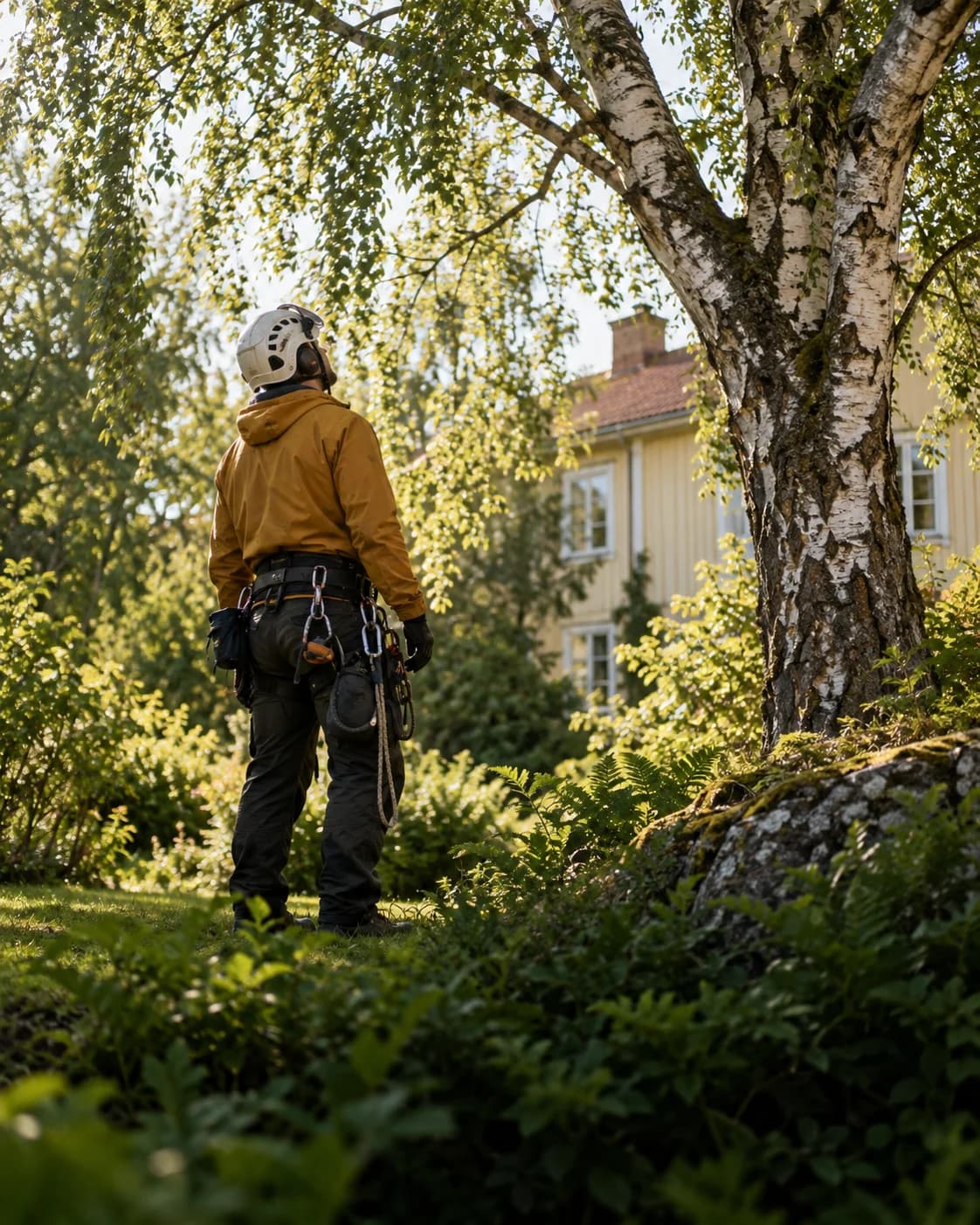 Un arboriste examine un bouleau dans un jardin suédois. Image illustrative pour l’entreprise fictive Anders Arborist.