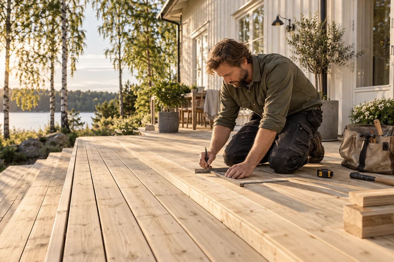 Un menuisier construit une terrasse dans un jardin suédois. Image illustrative.