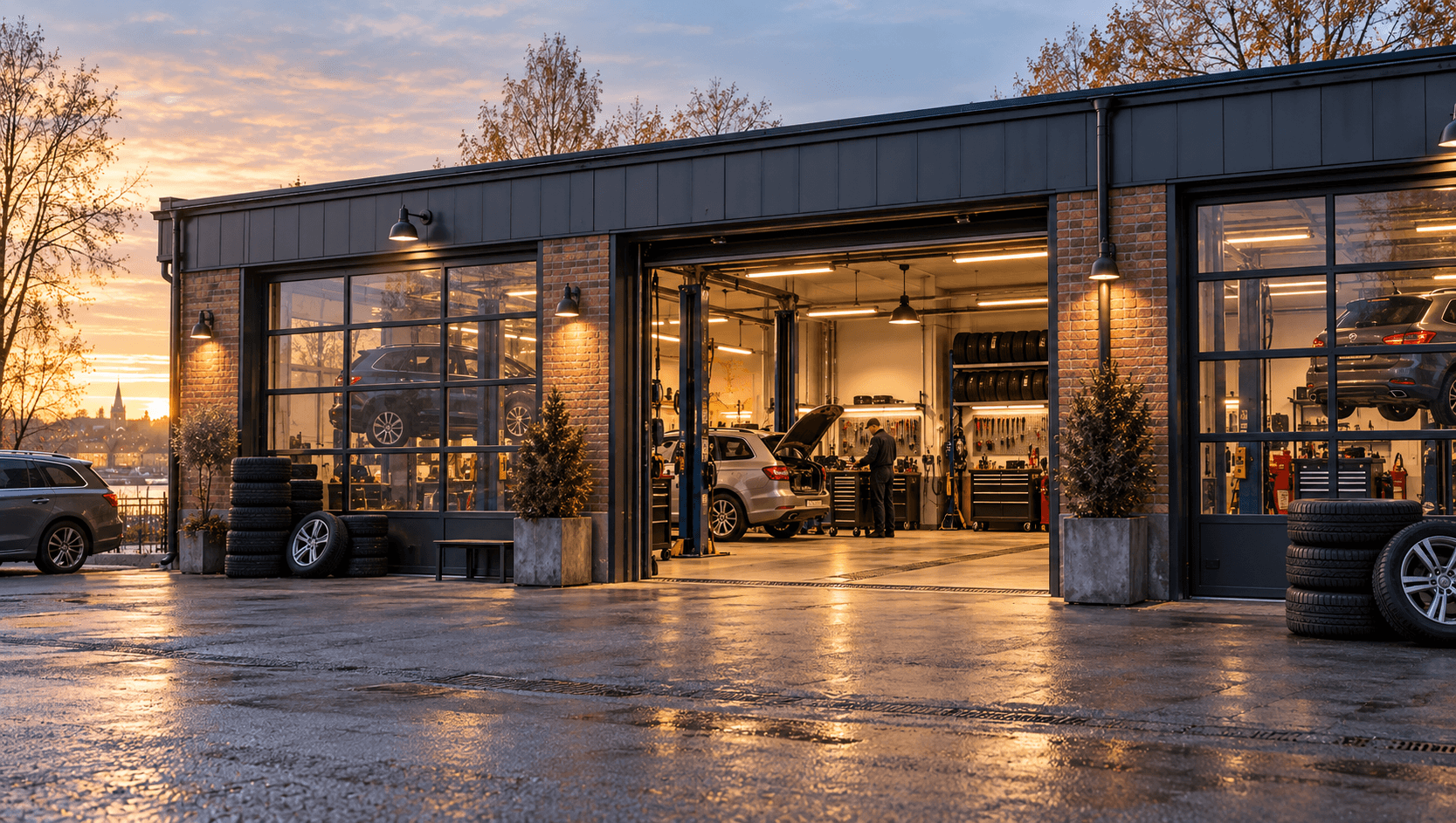A car and tyre workshop lit at dawn, with an open garage, cars on lifts and a mechanic at work.