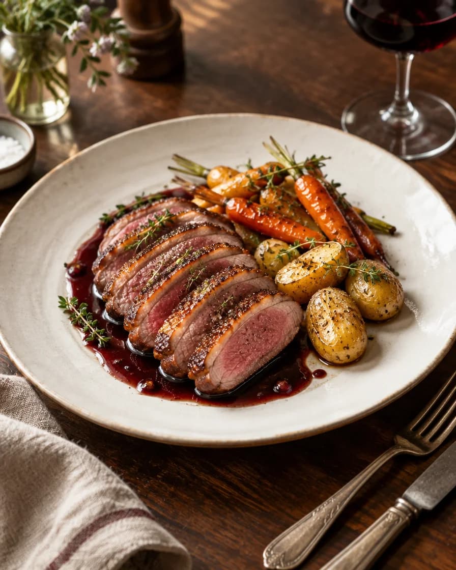 Suggestion de présentation : magret de canard et légumes de saison