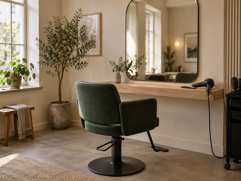 En frisørsalon med spejle og stole