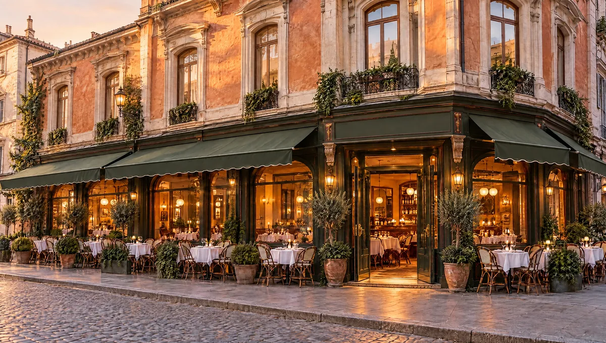 En restaurantfacade med grøn markise i varmt aftenlys