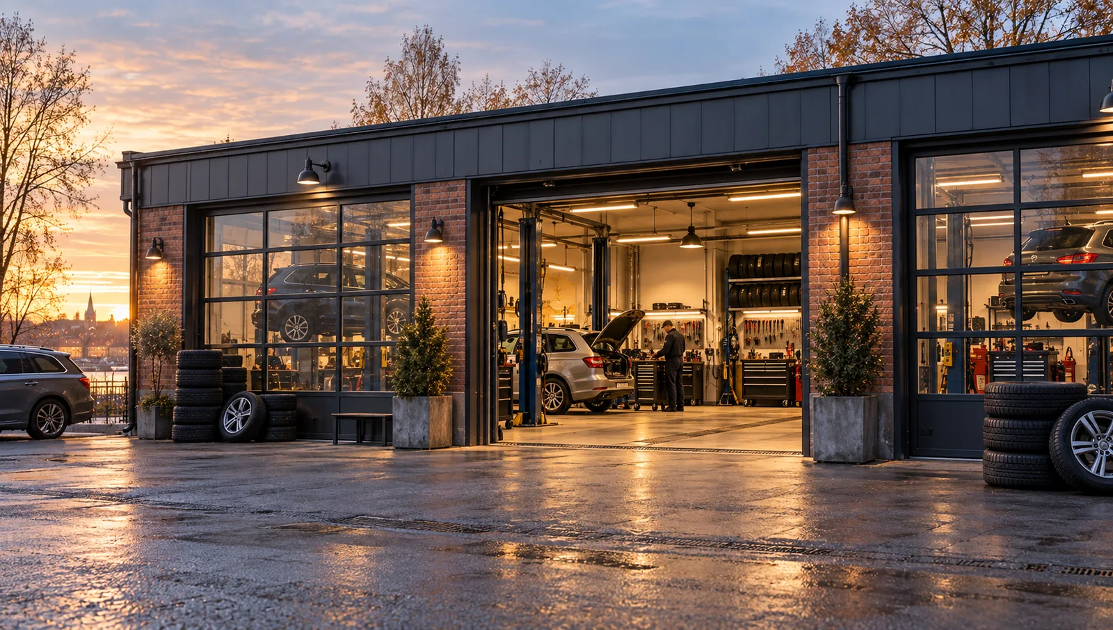 Et lille svensk autoværksted med garageporte og træer udenfor